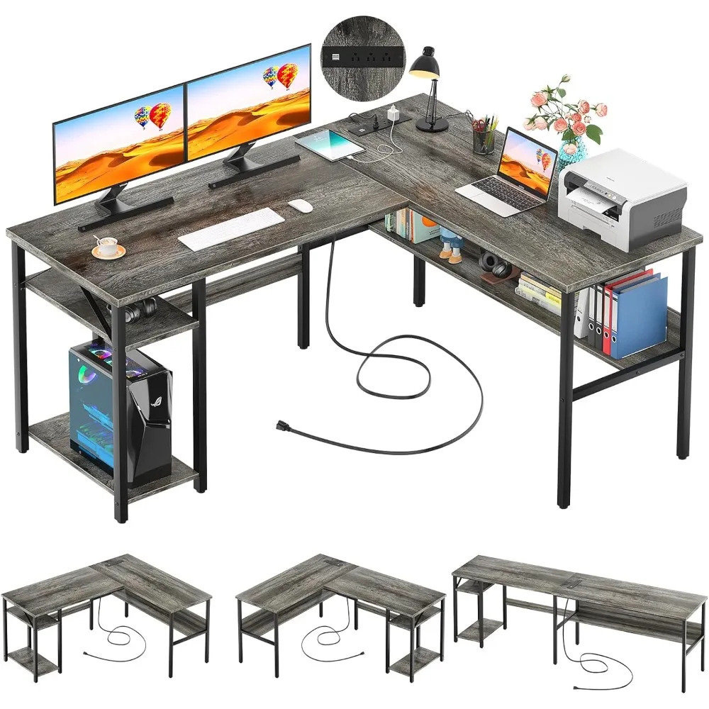 Reversible L-shaped Desk with Magic Power Socket and USB Charging Port with Storage Shelves for Easy Assembly, Black Oak for xiaomi mi max oem lcd display touch screen digitizer assembly replacement part non oem screen glass lens oem other parts black