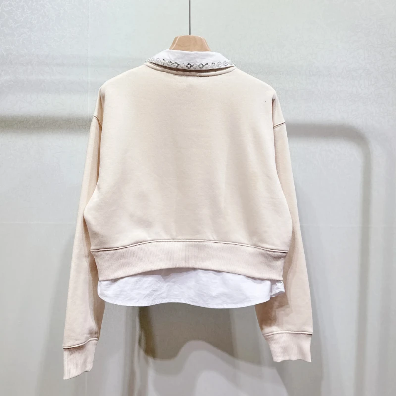 

Zadigant 2024 Spring Summer New Women Contrasting Color Lapel Beaded Embroidery Fake Two-piece Versatile Sweatshirt