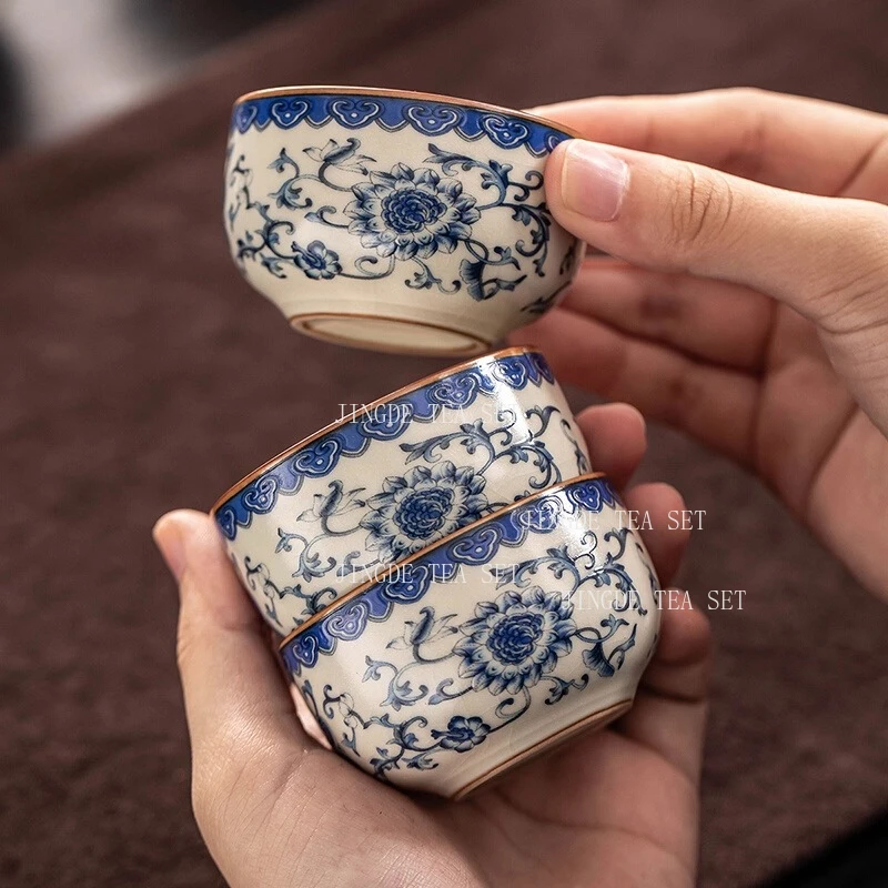 Blue and White Ru Kiln Tea Cup Home Ceramic Master Cup Full Flower Enamel Zen Meditation Cups Tea Tasting Cup Kung Fu Tea Set
