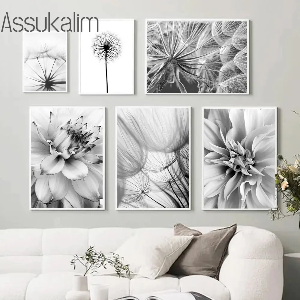 

Black and White Wall Paintings Blooming Flower Canvas Poster Dandelion Print Pictures Nordic Wall Posters Living Room Decoration