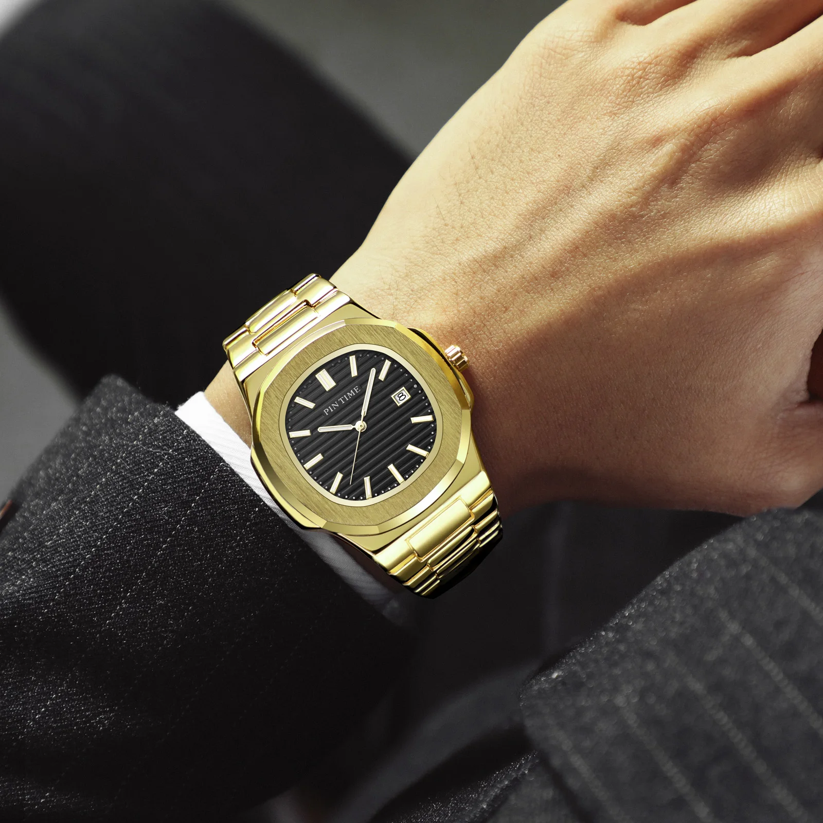 PINTIME Man Watch Luxury Stainless Steel Strap Top Brand Quartz Wristwatch Waterproof 30m Luminous Calendar Sports Casual Clock
