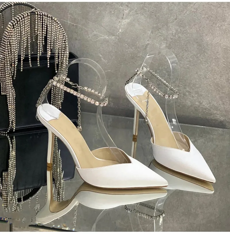 Luxury Rhinestones Chains Women Pumps Designer Sandals High Heels Summer Ankle Strap Party Shoes Star Style Wedding Prom Shoes