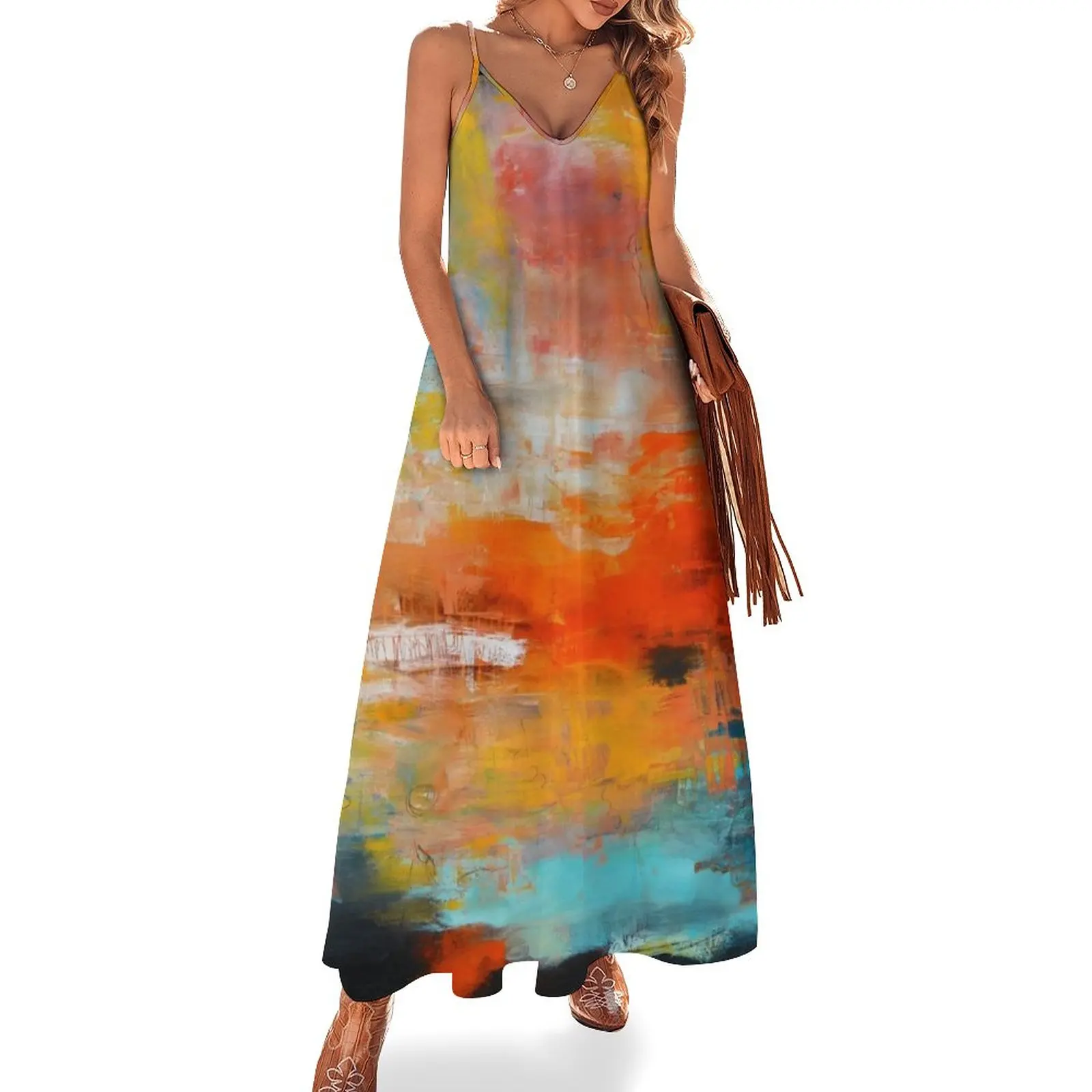 

Red abstract sunset landscape painting Sleeveless Dress african dresses for woman Dance dresses