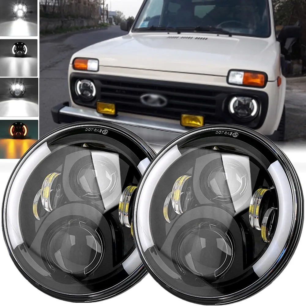 2pc H4 Led 7inch Headlight Angel Eyes Halo For Lada Niva 4x4 Uaz Hunter