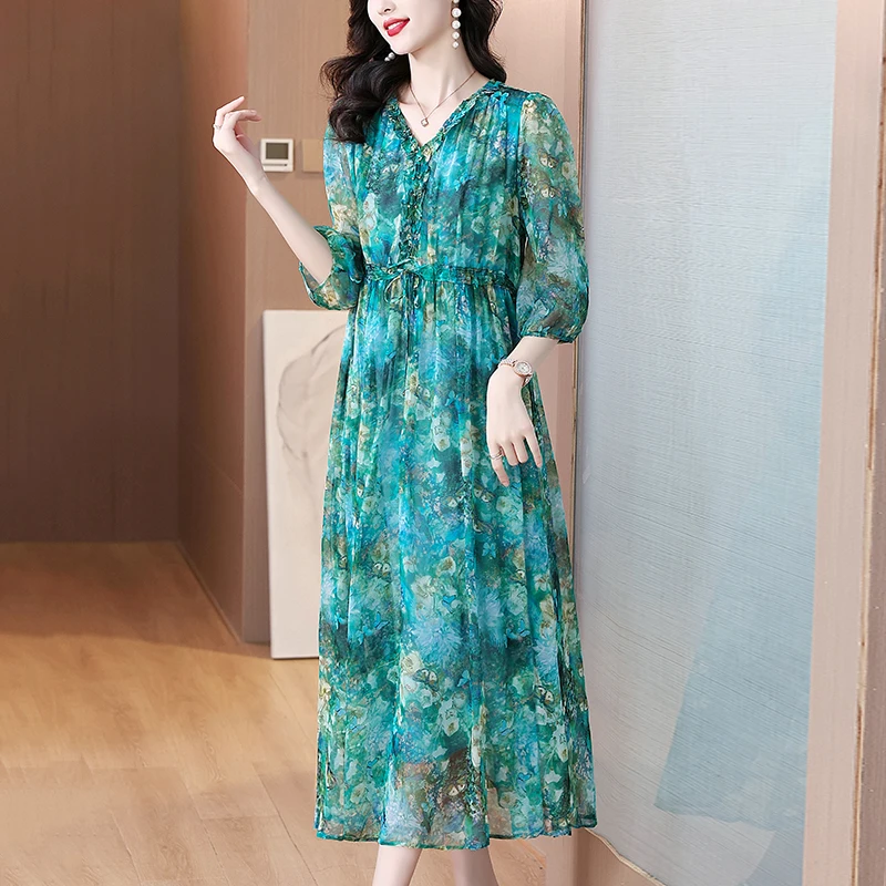 فستان طويل حريري مزهر ، فستان كاجوال كلاسيكي ، فست...