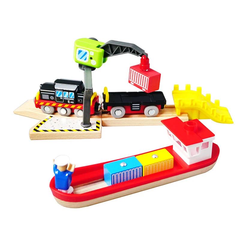 

Free Shipping Wooden Dock Loading Crane Cargo Ship Scene Compatible With Train Children Track Series Toy Accessories PD81