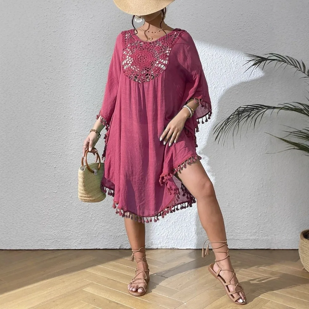 Fashion Square Neck Summer Sunscreen Smock Loose Hollow Out Swimsuit Cover Up Dress Casual Vacation Bikini Cover-Ups for Women 2