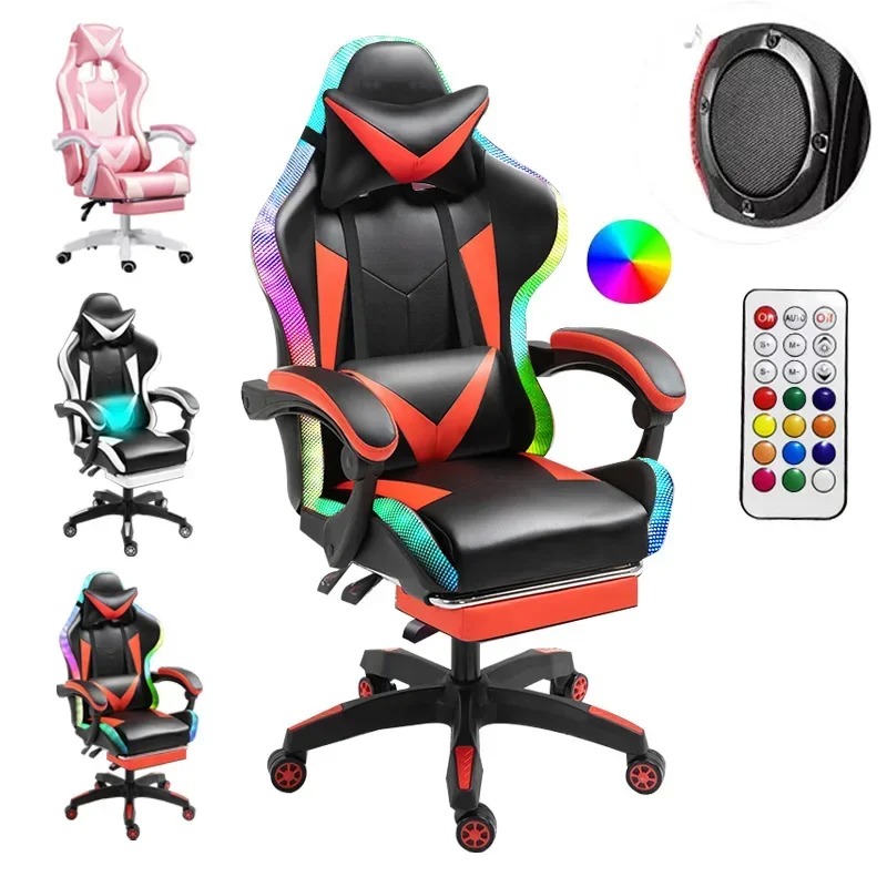 Pink  Computer PC Gamechair Gaming Pu Leather Gamer Massage Racing Gaming Chair with Lights and Speakers