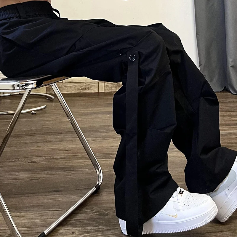 IEFB High Street Pleated Overalls Men's Pants Fashion Loose Straight Button Casual Male Trousers Solid Color Darkwear 9A6007 wide leg pants