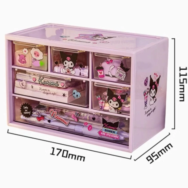 Sanrio 6 Grid Storage Box Desktop Drawer-type Transparent Organizing Box Desk Pen Holder Send Kuromi Melody Cinnamoroll Stickers desktop storage box