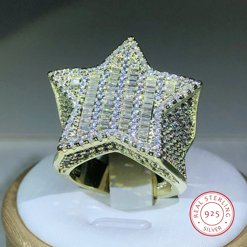 

925 Silver New arrivel Hip-hop Full Crystal Micro-inlaid Zircon Big Five-pointed Star Ring For Men and Women Jewelry