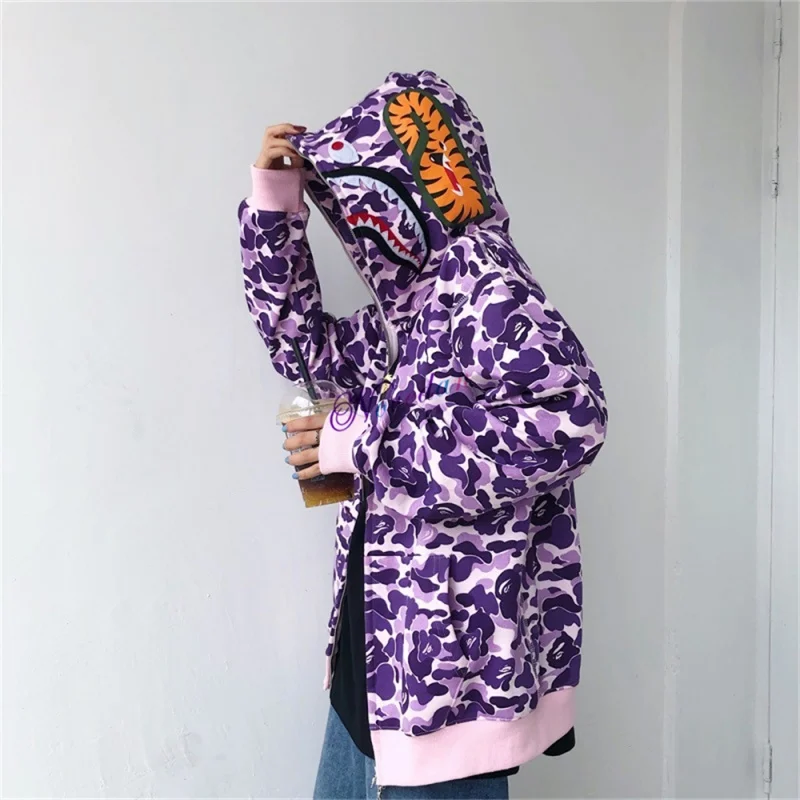 Camo Shark Full Zipper Purple Bape Camo Hoodie - UrbanJacket