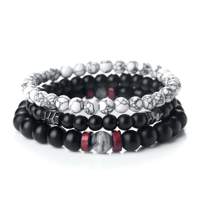 Bracelet élastique 3 pièces/ensemble en perles de pierre naturelle pour couple, bracelet de prière, bijoux de yoga et de méditation bouddhiste pour amis, cadeaux