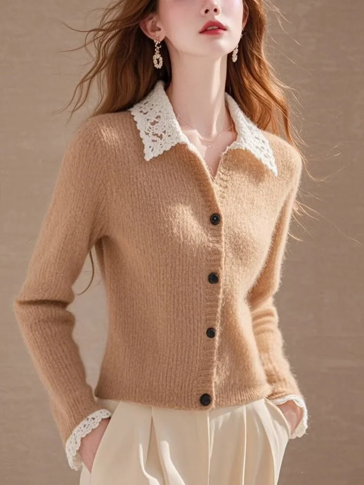 Khaki Lapel Lace Knitted Cardigan Women Autumn and Winter New