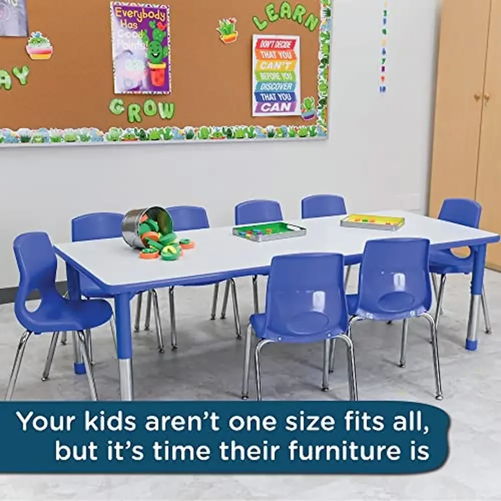 Adjustable Blue-Gray 30" x 72" Kids Table Sleek Chrome Legs Waterproof T-Molded Banding Dry-Erase Compatible Top AGES 2-12