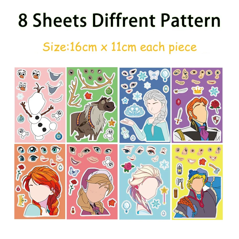 8/16Sheets Disney Princess Puzzle Stickers Frozen Make-a-Face Funny Assemble Jigsaw DIY Cartoon Sticker Kids Educational Toys 2