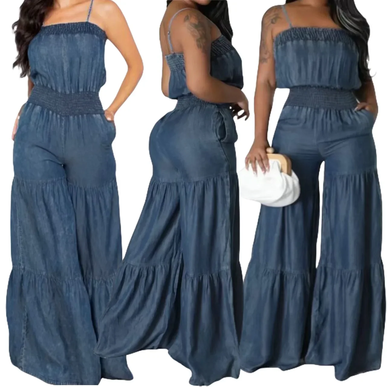 

Pocket Design Wide Leg Suspender Denim Jumpsuit for Women Overall Cowboy Pocket Daily Regular Fit Sleeveless Summer Fall 2023