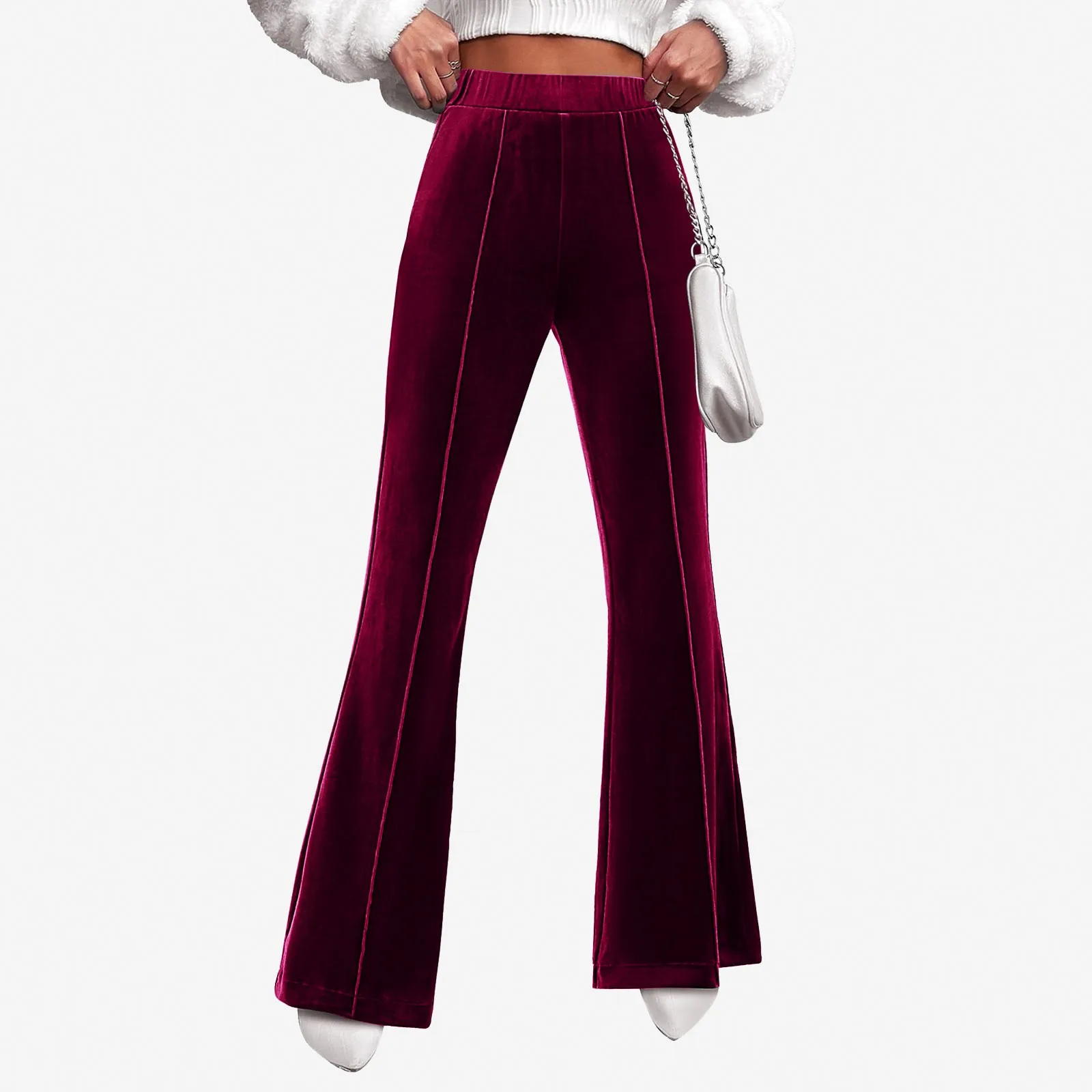 

Women's Temperament New Solid Colour Velvet Trousers Fashion High Waisted Skinny Pants Elastic Waist Flare Wide Leg Casual Pants
