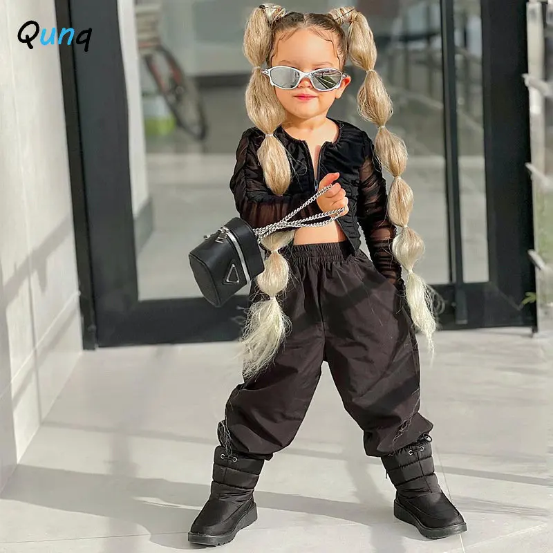 

Qunq 2023 Spring New Girls Solid Mesh Pleated Zipper Cardigan Top + Oeralls 2 Pieces Set Fashion Casual Kids Clothes Age 3T-8T