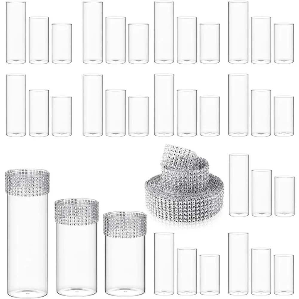 

36 Pcs Glass Cylinder Vase Centerpieces With 6 Row 5 Yard Diamond Ribbon Rhinestone Ribbon for Party Wedding Freight Free Vases