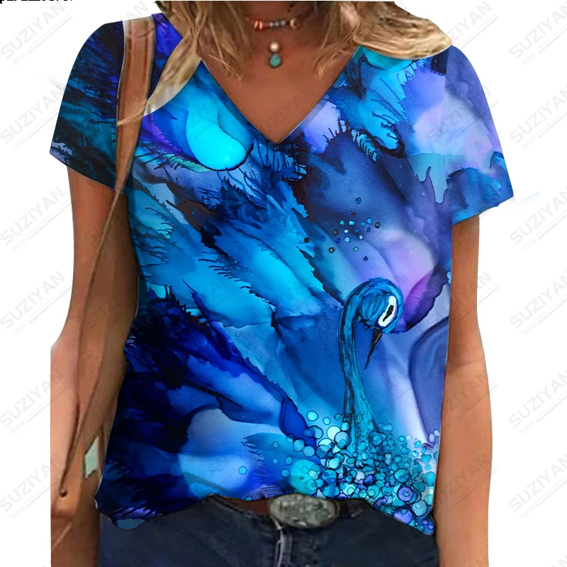 

RetroWomen's T-shirt 3D Texture Printing V-Neck Cotton Extra Large Short Sleeve Loose casual Street Wear Women's Clothing Flower