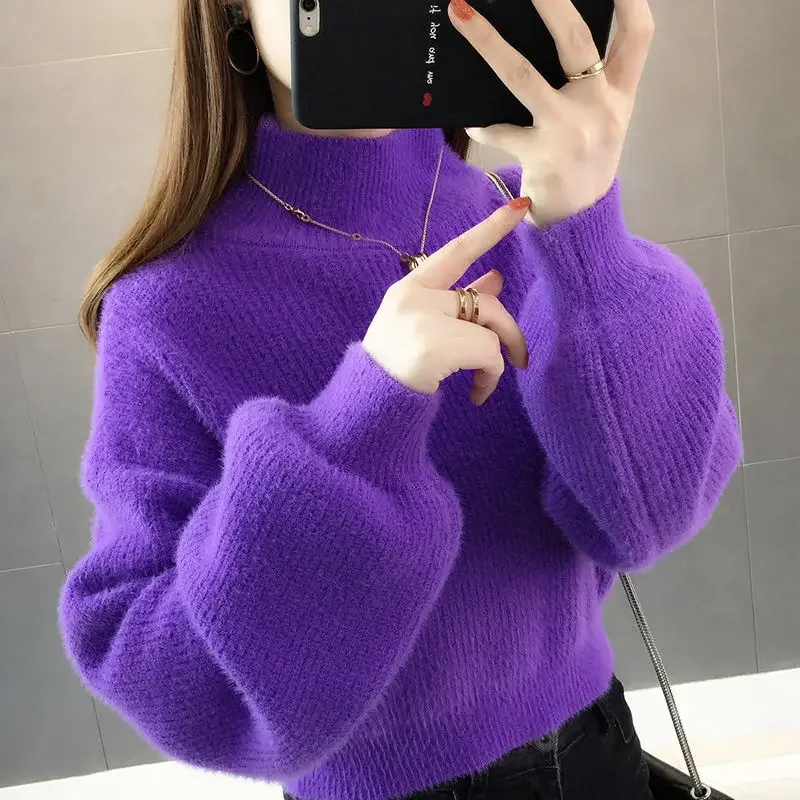 

Sweater Purple Solid Kawaii Soft Woolen Winter Girls Mohair Autumn Pullover Lantern Sleeves Loose Cashmere Velvet knitted G97