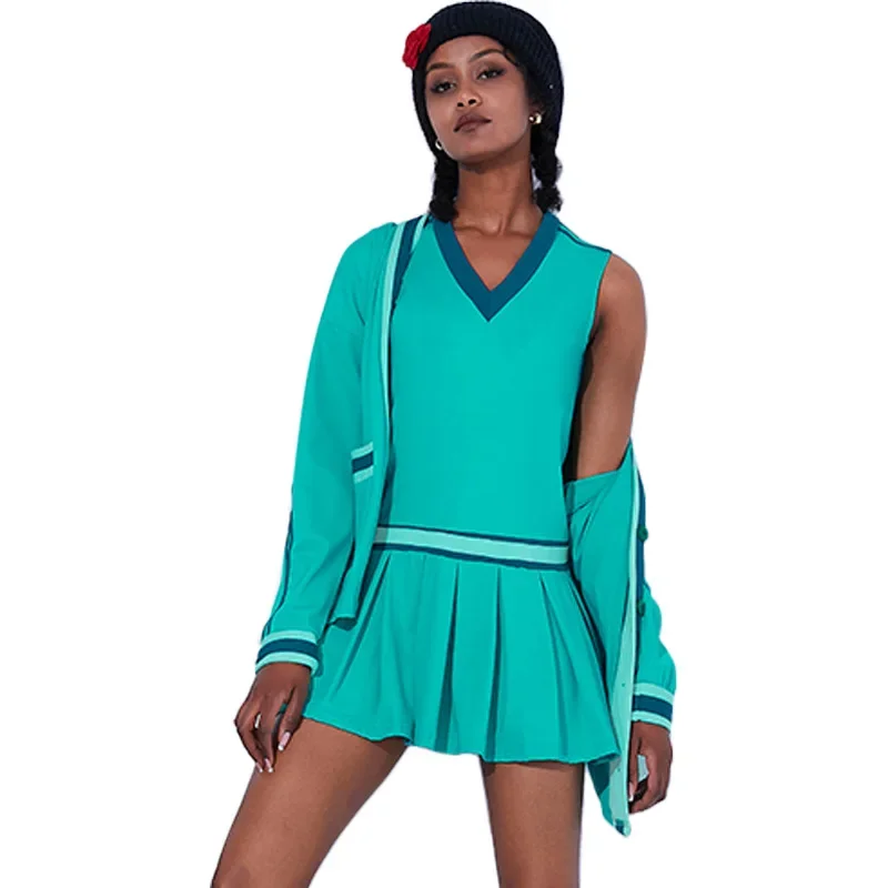 Tennis Dress Women Sports and Leisure Tennis Skirt Suit Long-sleeved Cost Jacket Badminton Sports Skirt DressTo Send Shorts
