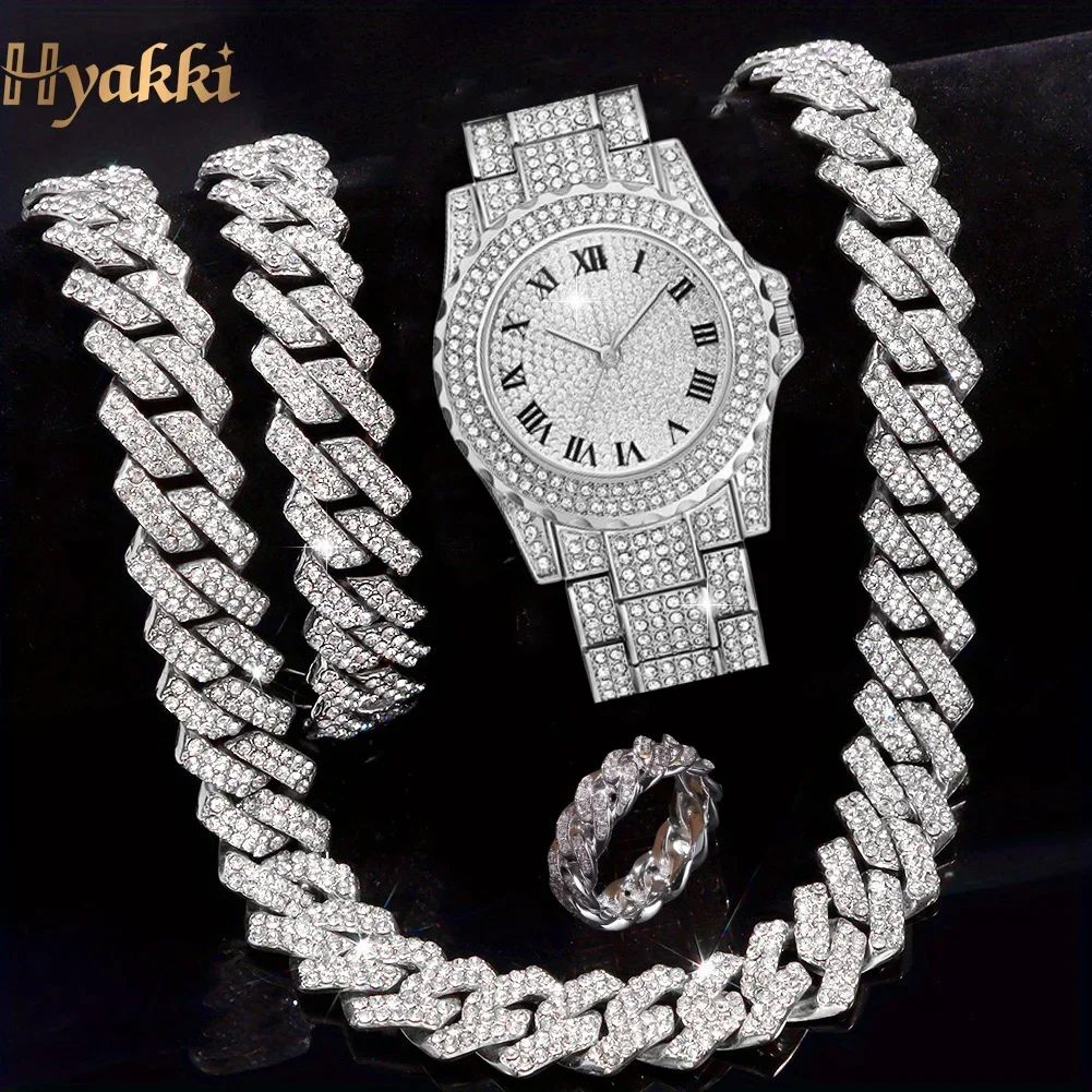 4 pieces/1 piece, shiny Hyakki men's rhinestone jewelry set - electronic quartz watch, stylish alloy case,