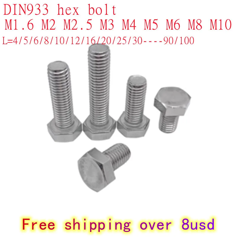 5pcs-20pcs DIN933 External Hex Hexagon Head Screw M1.6 M2 M2.5 M3 M4 M5 M6  M8 M10 304 Stainless Steel Hex Bolts