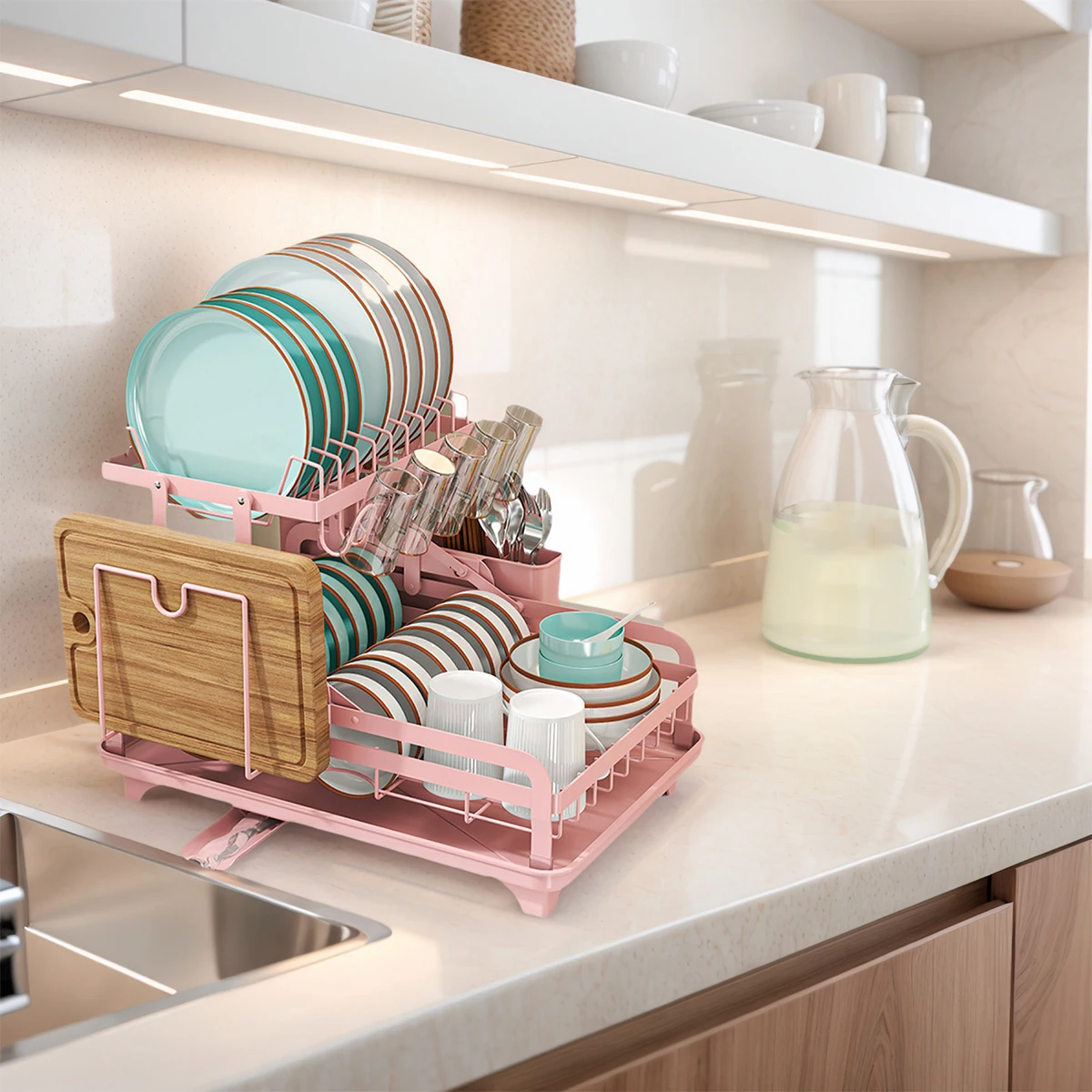 2 Tier Pink Dish Drying Rack with Drainboard | Large Capacity Kitchen Counter Dish Organizer , With Utensil Holder & Accessories