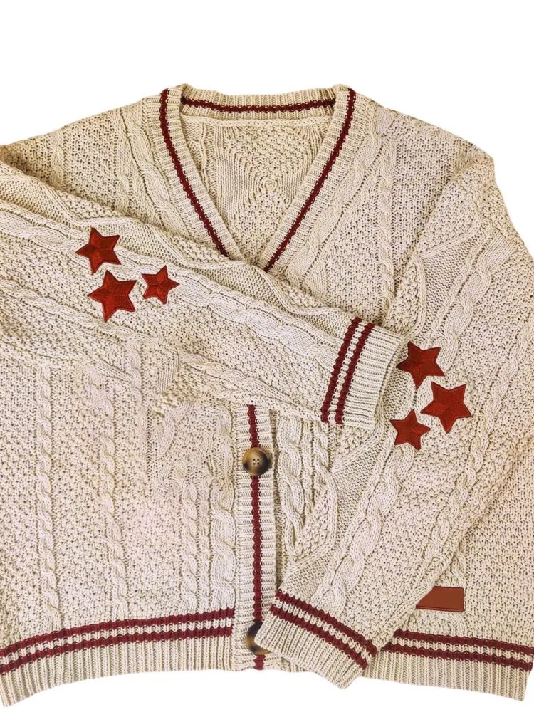 Vintage Star Print Knitted Cardigan Women's Sweaters Preppy Cute Button Up V Neck Long Sleeve Loose Coat Autumn Y2K Sweater 5