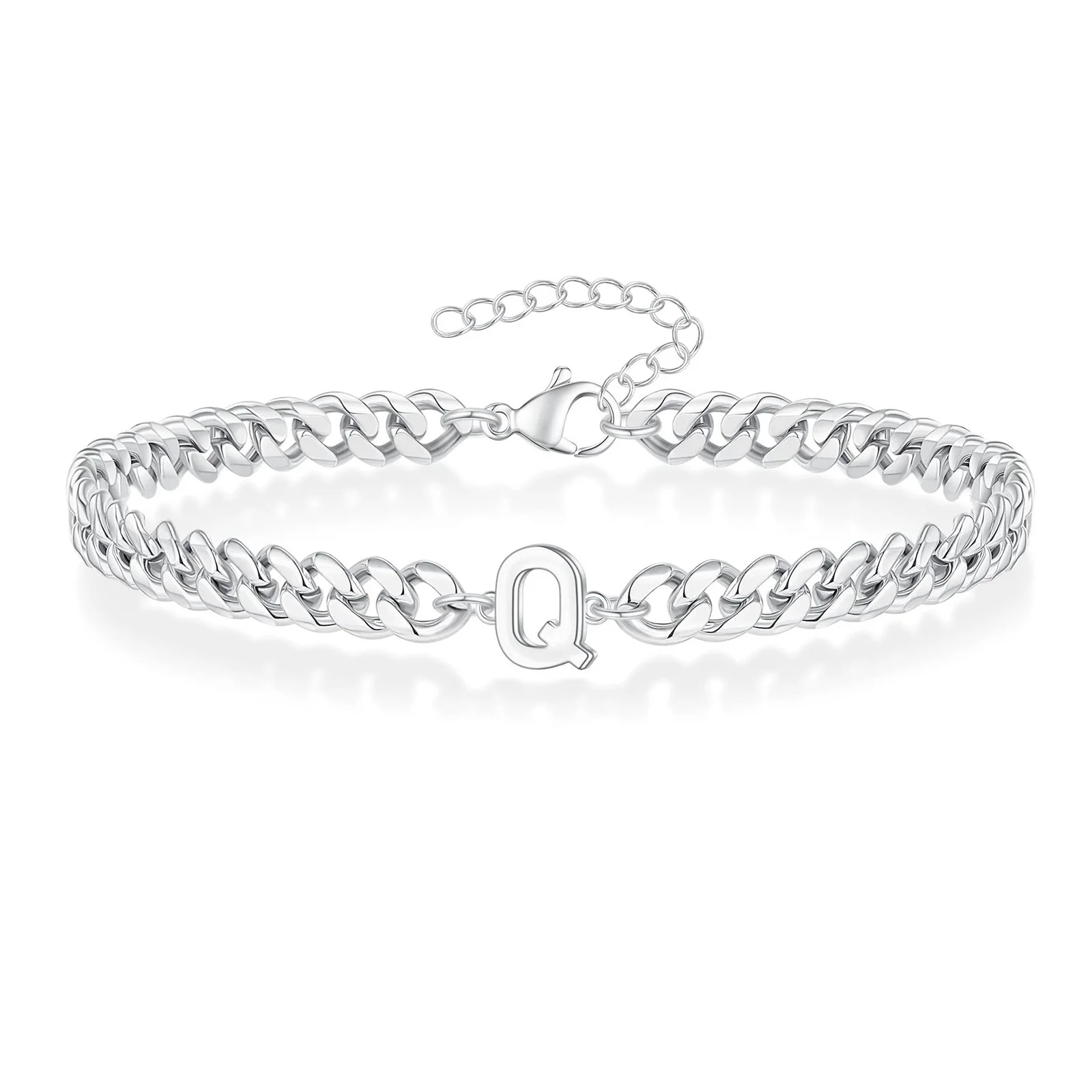 Vnox A-Z Initial Cuban Chain Bracelets for Men Women, Silver