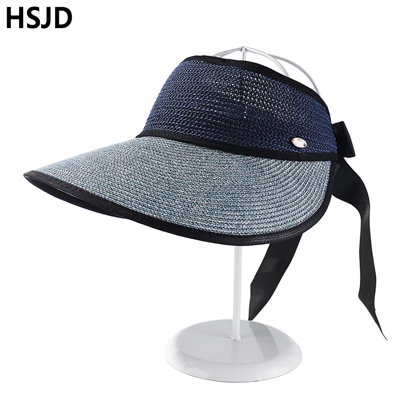 

Women Summer Large Wide Brim Foldable Empty Top Sun Hats Adjustable Bowknot Beach Sunscreen Straw Hat Sunscreen Floppy Visor Cap