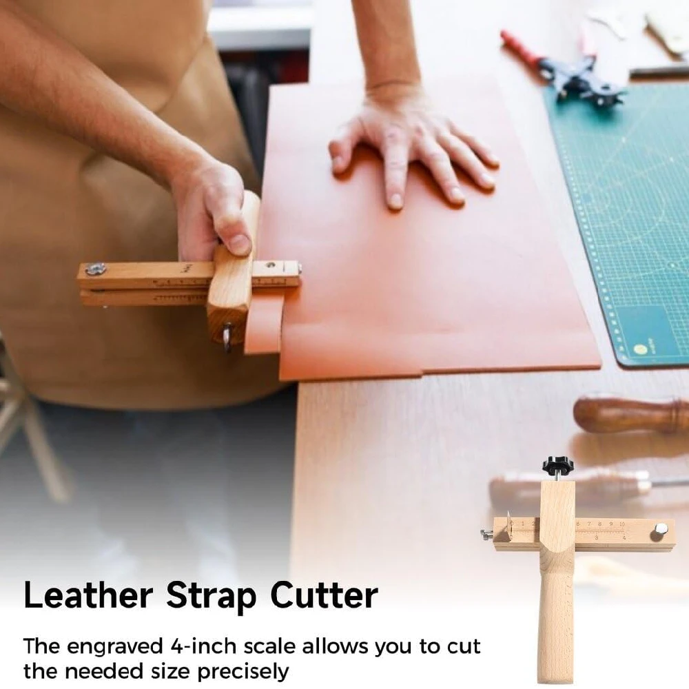 Leather Cutting Tool Wooden Leather Strap Cutter Tool Crafting DIY Leather Belt Strip Cutting Device with 5 Blades