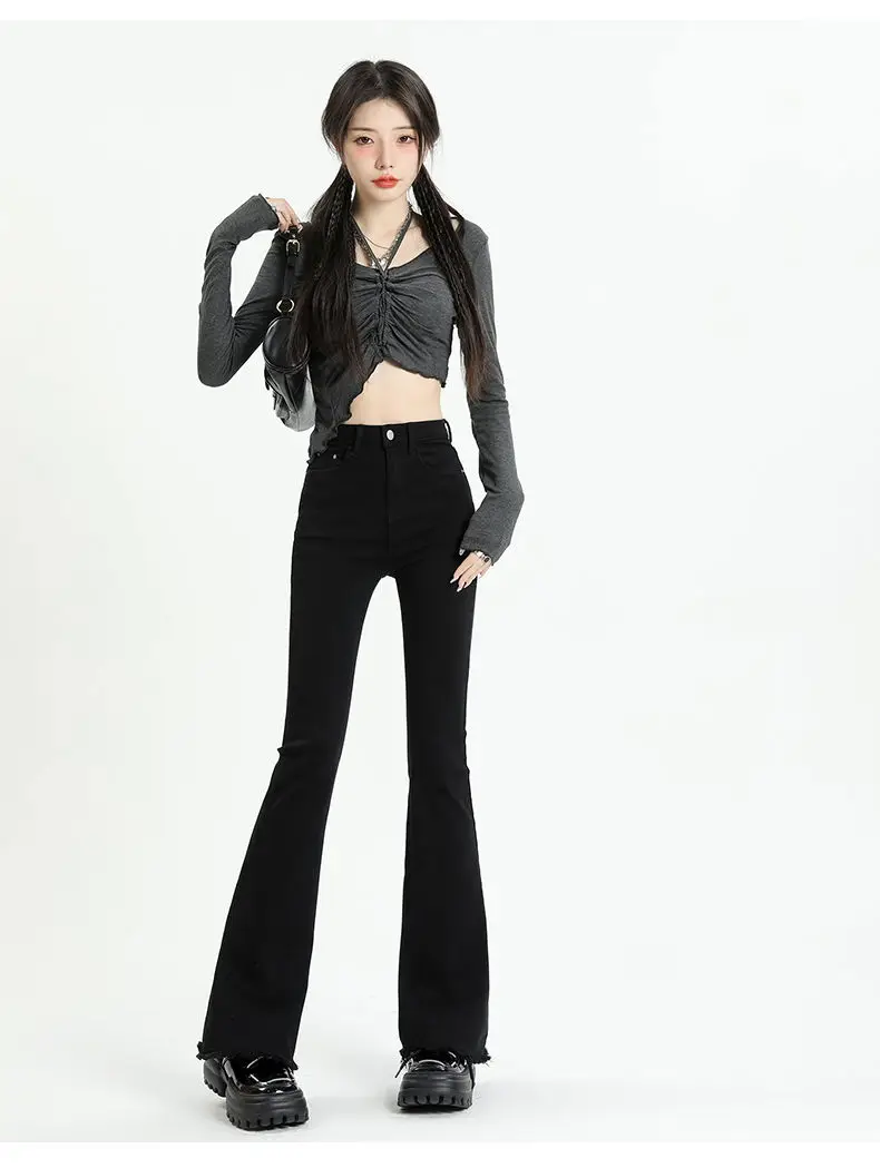 High Rise Slim ‘70s Flare Jeans black  Women’s Elegant Denim Trousers High Waist Vintage Casual Streetwear Ripped Design Petite Plus size womens Chic Trendy Harajuku Spring Pants for woman