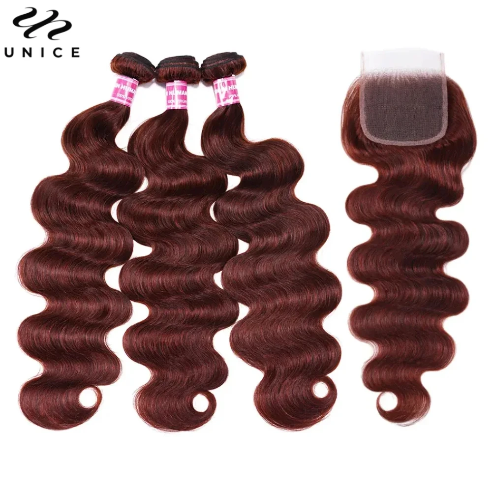 UNICE Hair Reddish Brown Body Wave Human Hair Bundles with Closure Human 4x4 Lace Closure With 2/3/4 PCS Bundles Deal