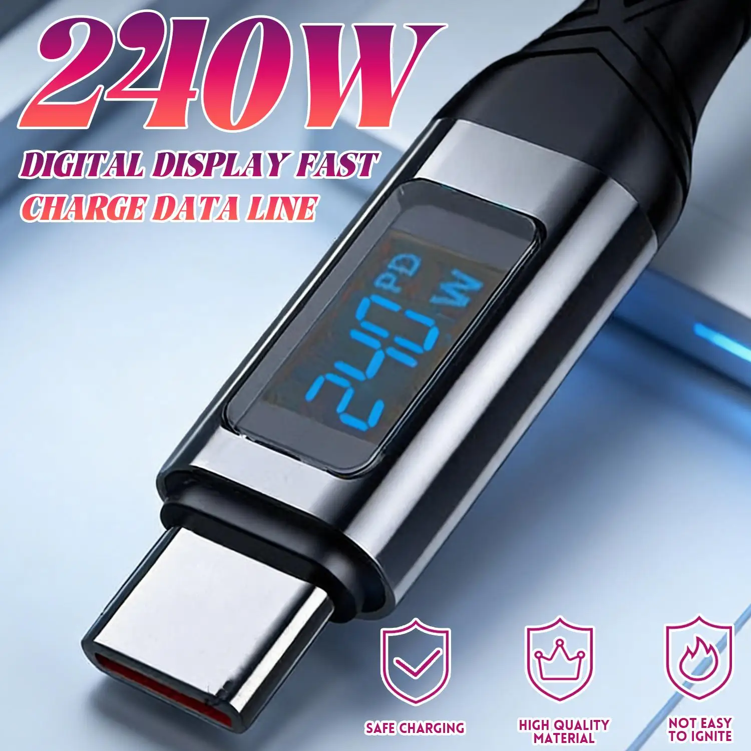 USB Type-C Cable 240W LED Display Fast Charge Nylon Braided Cord