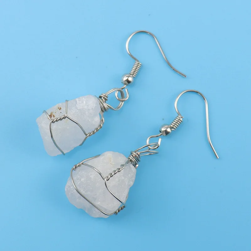 Wire Wrapped Natural Crystal Rough Stone Irregular Raw Ore Dangle earrings Energy Healing Gemstone Amethyst Earring Women Jewely