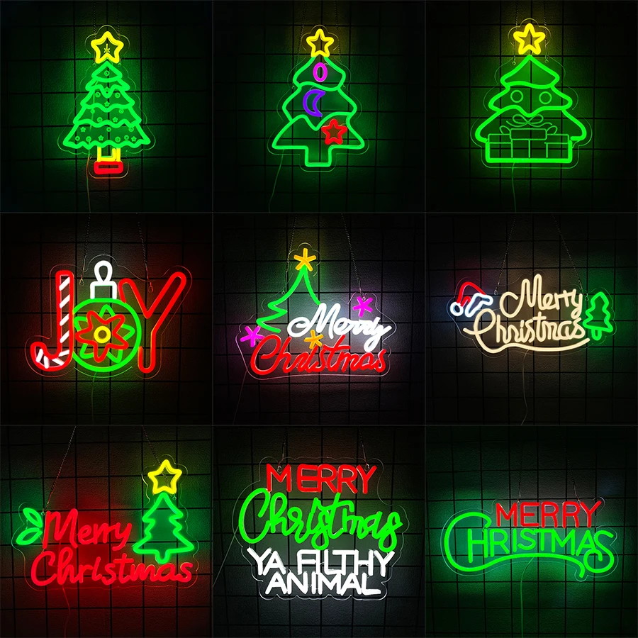 Merry Christmas Neon Sign for Wall Decor Christmas Tree Neon Signs Vibrant LED Light up Sign for Party Decor USB Powered