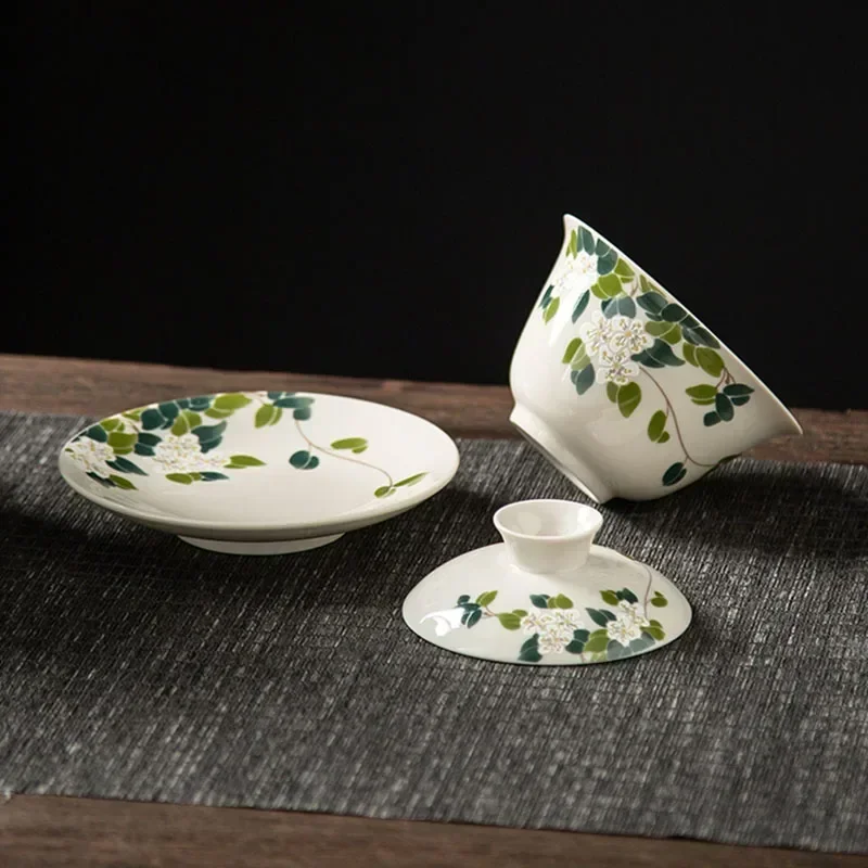 Japanese Style Grass Wood Gray Ceramic Gaiwan Large Ceremony Bowl Kung Fu Tea Set Household Minimalist Covered Bowl 175ml tea set