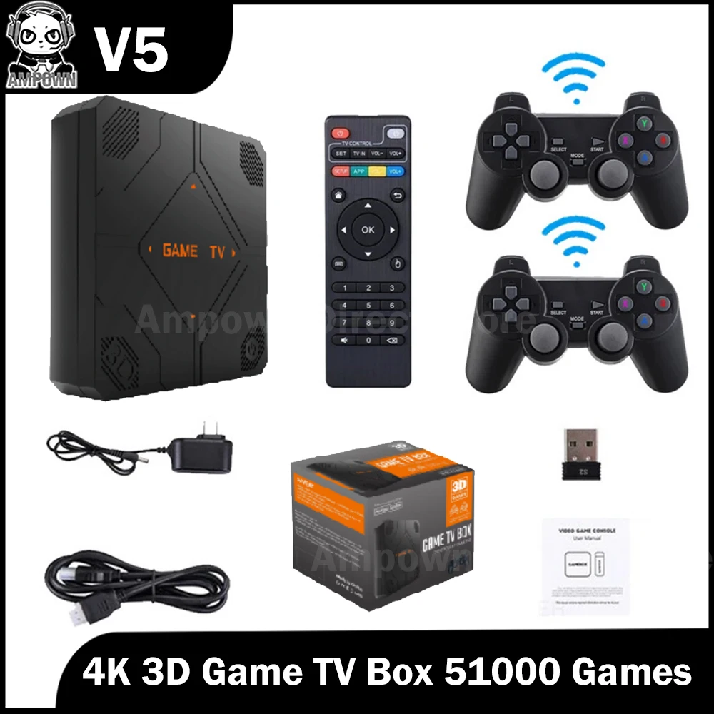 Ampown V5 게임 TV 박스, 4K 비디오 게임 콘솔, 64G 128G Anlogic 905 시리즈 게임 스틱, 2.4G 무선 게임패드, 더 많은 레트로 51000 게임  Best5