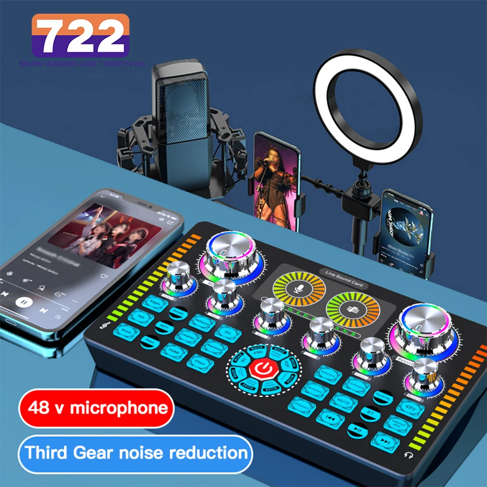 Q7 Audio Mixer USB External Sound Card of Headset Live Broadcast Sound Card for Mobile Phone Computer 48V Phantom