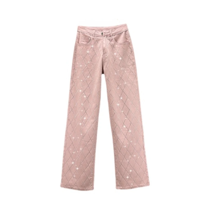Rhinestone Denim Wide-Leg Pants for Women 2024 Spring and Summer New High Waist Loose and Slimming European Mop Trousers Jeans