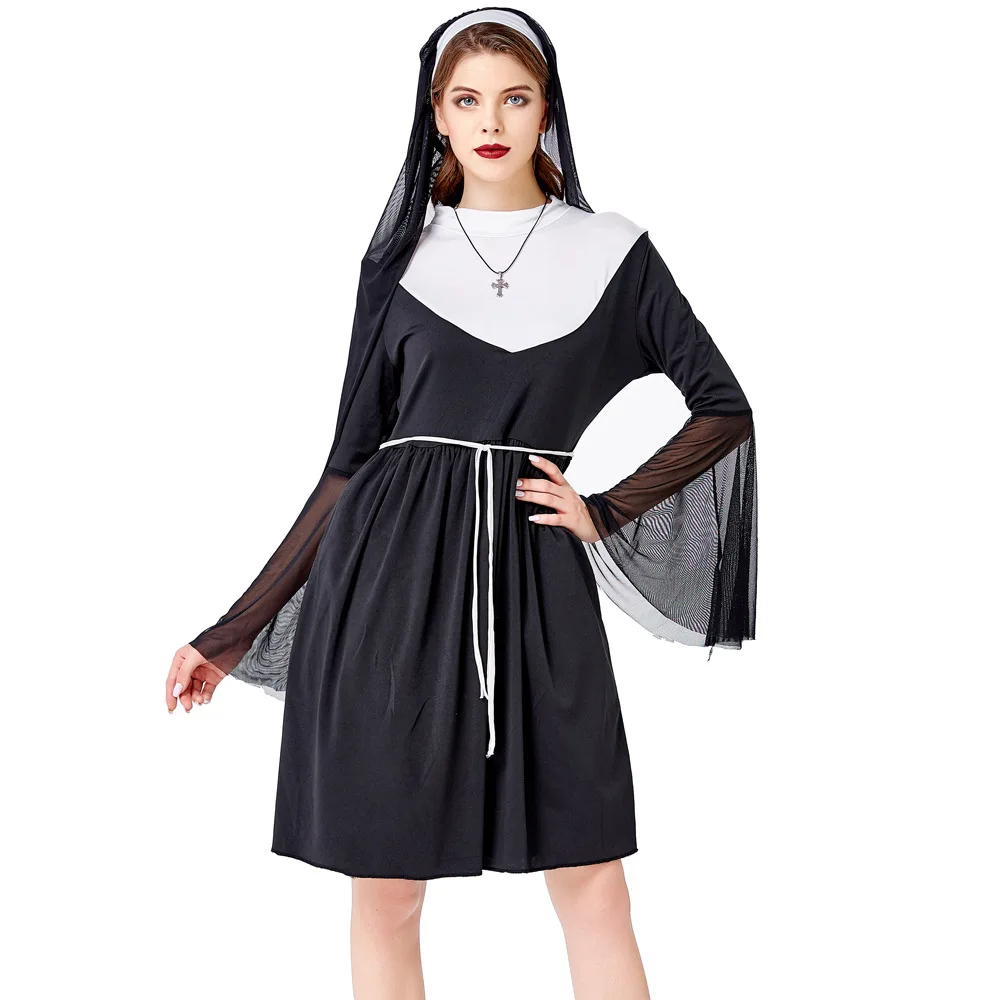

Костюмы на Хэллоуин для женщин, сексуальный косплей, костюм монахини, косплей, платье с черным капюшоном для сексуальных костюмов на Хэллоуин, сексуальные костюмы
