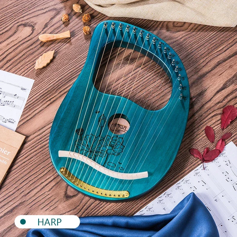 Ice Blue Lyre Harp 16 Strings Piano Musical Instrument Wooden Mahogany Laiya With Pretty Print Metal Strings And Tuning Wrench