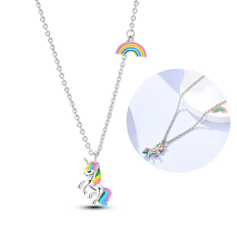 Colorful Plata De Ley 925 Sterling Silver Unicorn Rainbow Lucky Necklaces Overlap Pendant For Women Wedding Jewelry Gift pendant necklace,silver necklace,silver necklace charms