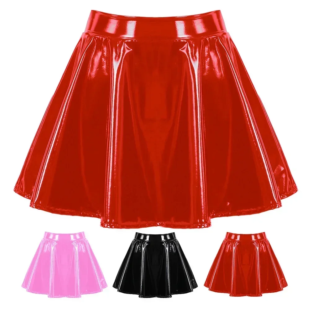 Women's PU Leather Flared Miniskirt Dance A Line Skirt Clubwear Cosplay Costume Pleated Skirt Elastic Waist Retro Style 6