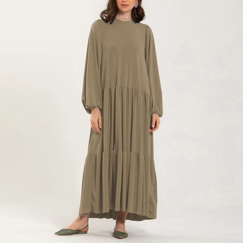 Ramadan Solid Ruffle Hem Abaya, Elegant Puff Sleeve Maxi Length Dress, Women's Clothing