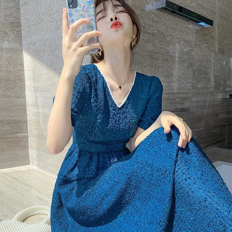 

Korean Chic French Retro One Piece Dress Ladies Fashion V-neck Lace Puff Sleeve Long Chiffon Dresses Women Clothes Robe Vestido