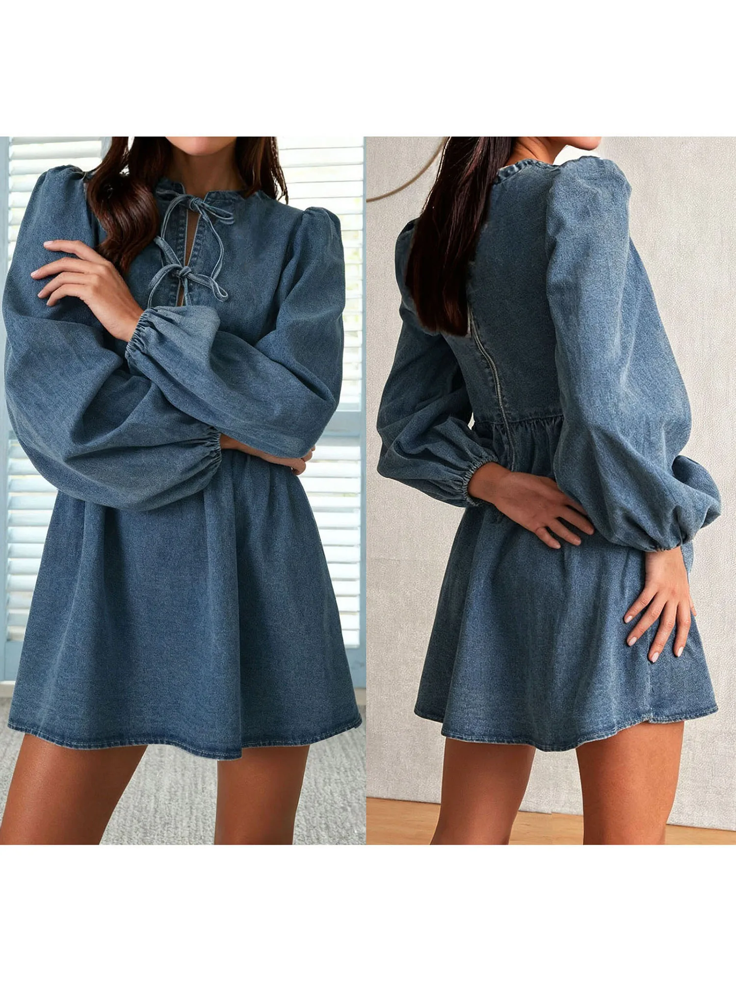Women s Long Sleeve Denim Dress with Tie Bow Front Crew Neck and A-Line Silhouette Stylish Solid Color Loose Fit Mini Dress